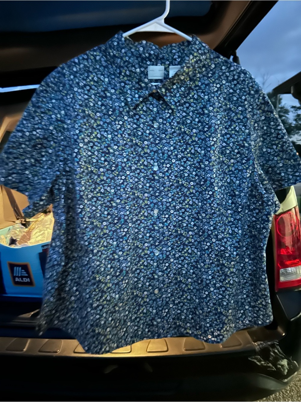 Navy Floral Button-Up Blouse - Blue & Green Tiny Flower Print